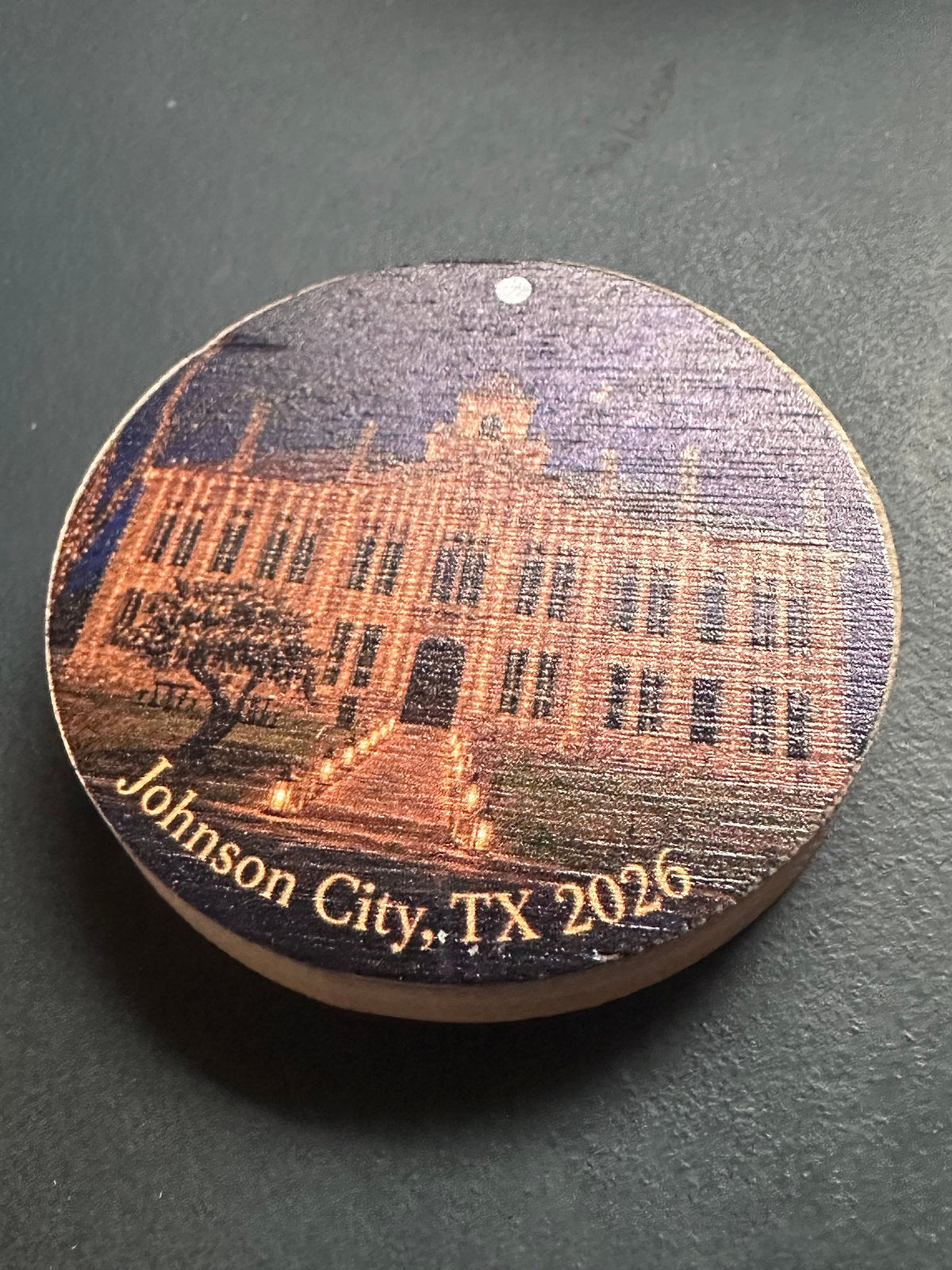 Johnson City, TX 2026 courthouse night photo UV printed in full color on bamboo