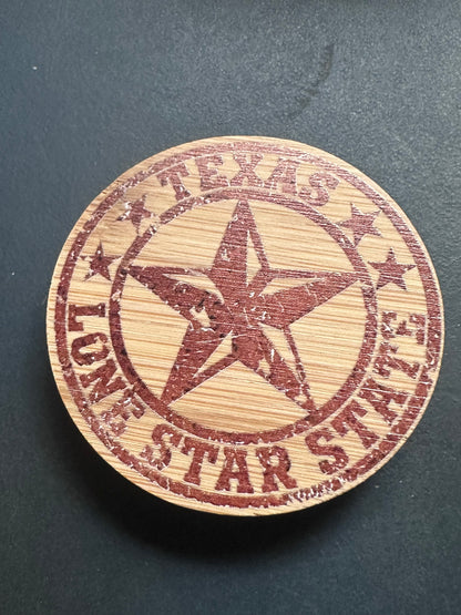 Texas Lone Star State laser engraved bamboo bottle opener, top view