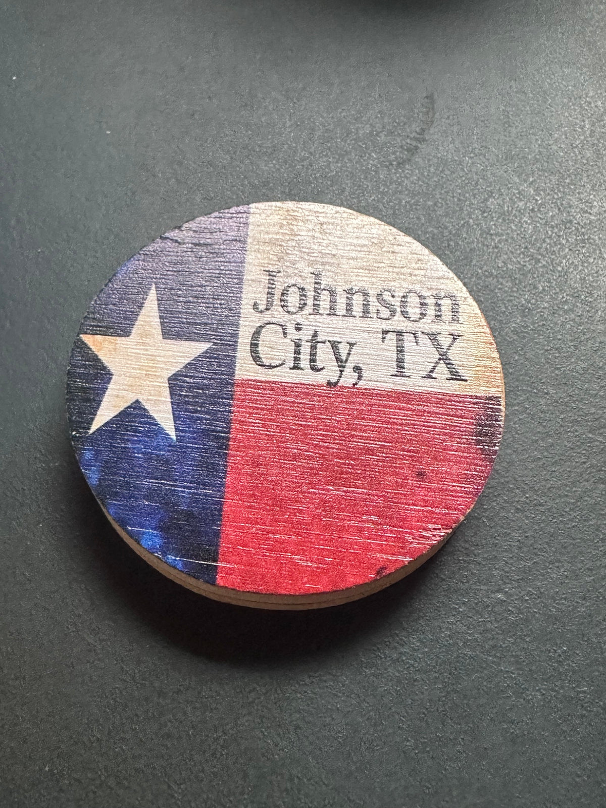 Texas flag with Johnson City, TX full-color UV printed on a bamboo bottle opener