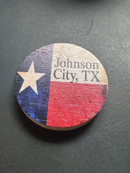 Texas flag with Johnson City, TX full-color UV printed on a bamboo bottle opener