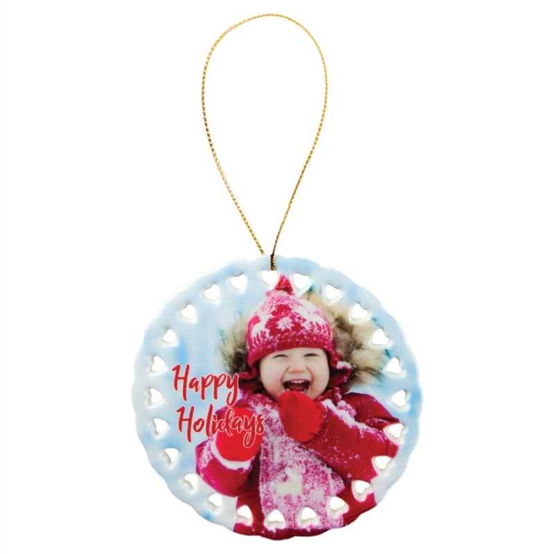 Custom Photo Ornament – 4" Round Ceramic Doily – sample photo