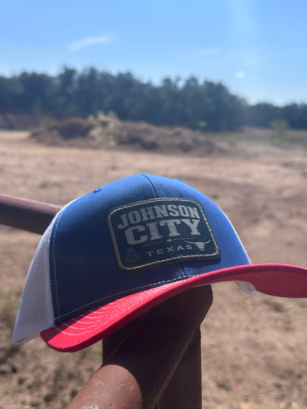 Richardson 112 trucker hat with a Johnson City Texas laser-engraved leather patch